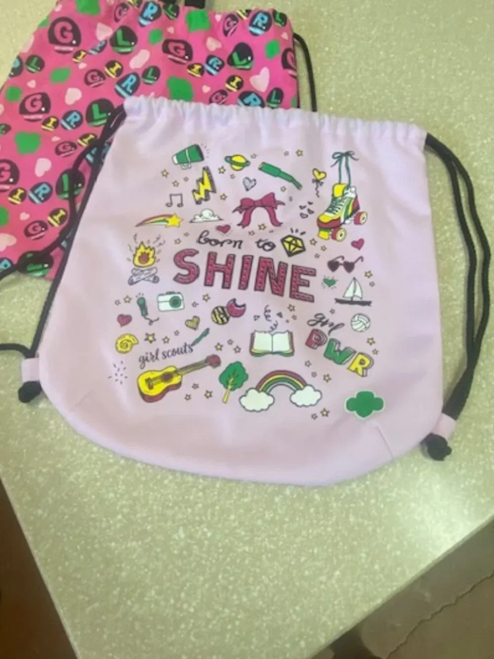 (2)   Girl Scouts Pink G.I.R.L. and 'Born to Shine' Drawstring Backpacks Cinch